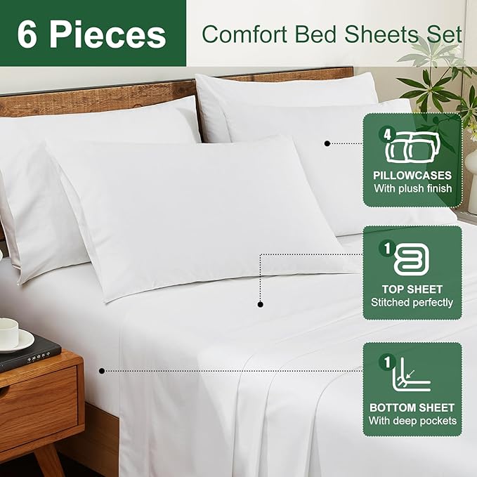 Ivellow 100% Egyptian Cotton Sheets Queen Size Set - 1200 Thread Count 6 PC 18" Deep Pocket Queen Sheets Luxury Cotton Bed Sheets Soft Breathable Cooling White Sheet Set Durable Hotel Quality Bedding