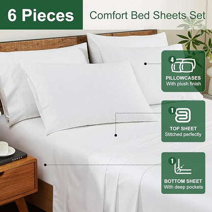 Ivellow 100% Egyptian Cotton Sheets Queen Size Set - 1200 Thread Count 6 PC 18" Deep Pocket Queen Sheets Luxury Cotton Bed Sheets Soft Breathable Cooling White Sheet Set Durable Hotel Quality Bedding