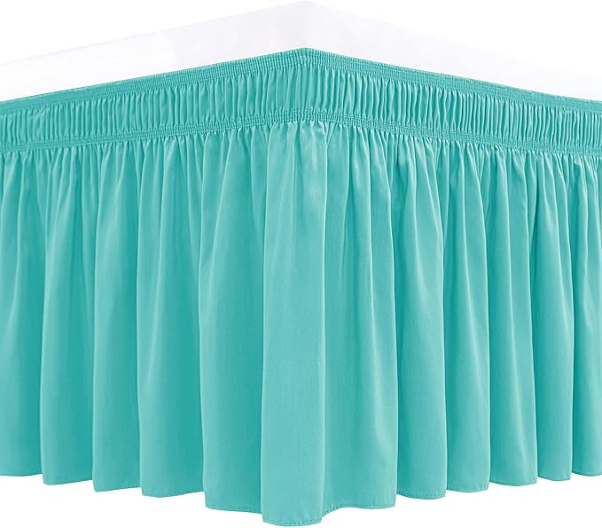 Biscaynebay Wrap Around Bed Skirts for Queen Beds 19" Long Drop, Aqua Adjustable Elastic Dust Ruffles Easy Fit Wrinkle Resistant Silky Luxurious Fabric Machine Washable