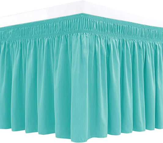 Biscaynebay Wrap Around Bed Skirts for Queen Beds 17" Long Drop, Aqua Adjustable Elastic Dust Ruffles Easy Fit Wrinkle Resistant Silky Luxurious Fabric Machine Washable