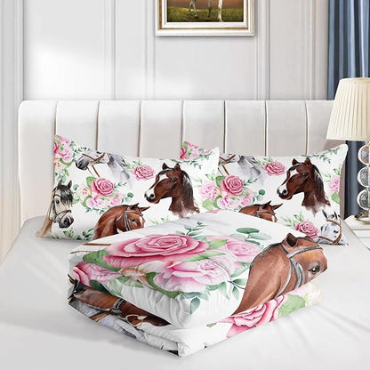 Horse and Flower Comforter Set for Girls Kids Horse and Floral 3 Piece Bedding Set Full Floral Lightweight Comforter Down Alternative with 2 Pillowcases All Seasons