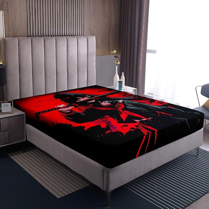 Erosebridal Japanese Anime Bedding Set for Kids, Anime Girl Fitted Sheet Queen Size Japanese Girl Bed Sheets for Girls Teens Adult, Kawaii Animation Red Black Sheets, Machine Washable