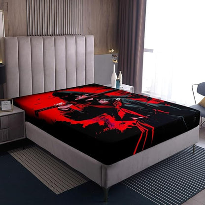 Erosebridal Japanese Anime Bedding Set for Kids, Anime Girl Fitted Sheet Queen Size Japanese Girl Bed Sheets for Girls Teens Adult, Kawaii Animation Red Black Sheets, Machine Washable