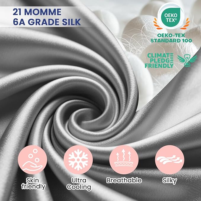 Ravmix 100% Silk Pillow Cases with Zipper, 21momme Mulberry Silk Pillowcase for Hair Skin Health, Soft Smooth Breathable Cool Pillow Cover for Beauty Sleep with Gift Box 1PC(Queen 20"x30", Space Grey)