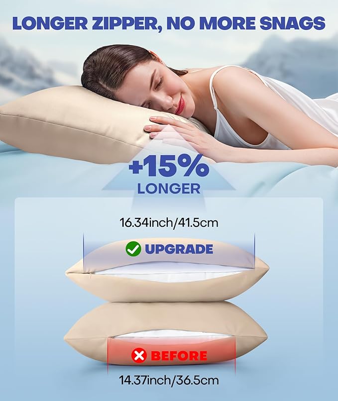 Ice Cooling Pillowcase for Hot Sleepers, Instantly Cool, Stays Cold All Night, Softer Than Silk Pillow Cases, Pillow Covers with Invisible Zipper, Gift for Men & Women - King Size, Beige (1 Pack)
