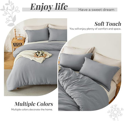 MILDLY Super Soft Duvet Cover 2pcs - 100% Washed Microfiber Light Grey Comforter Cover Set with Zipper Closure & Corner Ties (No Comforter)