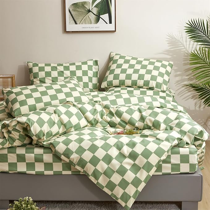 CLOTHKNOW Green White Plaid Queen Comforter Set 3Pcs Grid Bedding Comforter Sets Checkerboard Comforter Checker Queen Comforter with 2 x Pillow Cases