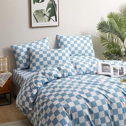 Houseri King Comforter Set Blue Plaid, 3 PCS Light Blue and White Buffalo Checkered Bedding Sets King Size Soft Grid Women Men Luxury Lightweight Aqua Blue Checkerboard Gingham Bed Quilts Blanket King