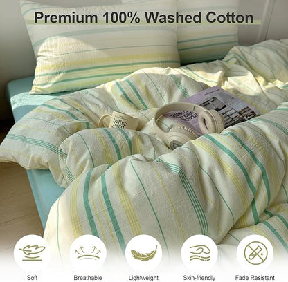 EAVD Retro Striped Duvet Cover Set Queen Size Soft 100% Cotton Vintage Yellow Green Stripes Pattern Bedding Set with 2 Pillowcases Reversible Farmhouse Geometric Printed Duvet Cover with Zipper