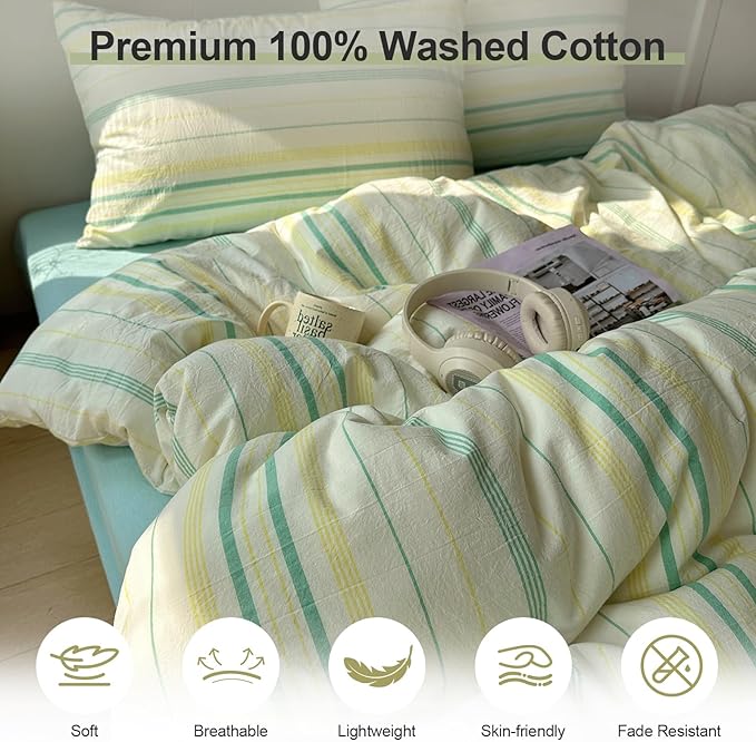 EAVD Retro Striped Duvet Cover Set King Soft 100% Cotton Vintage Yellow Green Stripes Pattern Bedding Set with 2 Pillowcases Reversible Farmhouse Geometric Printed Duvet Cover with Zipper