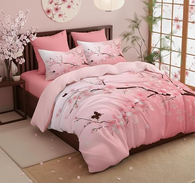 Japanese Bedding Set King Size,Pink Flower Comforter Set 3Pcs Cherry Blossom Quilted Bed Set with 2 Pillowcases for Girls Women, All Season(104"x90")