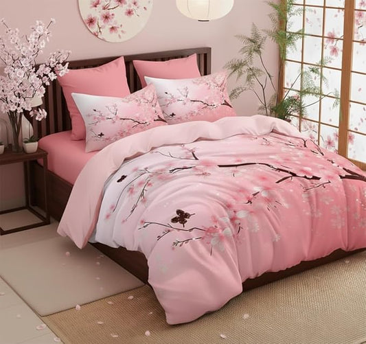 Japanese Bedding Set King Size,Pink Flower Comforter Set 3Pcs Cherry Blossom Quilted Bed Set with 2 Pillowcases for Girls Women, All Season(104"x90")