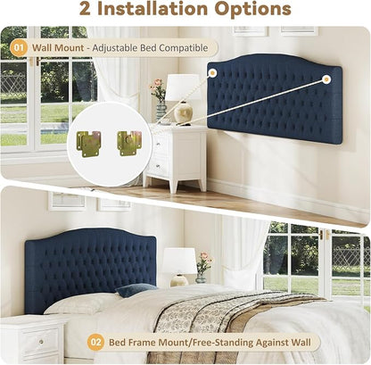 King Headboard Only, Upholstered Headboard for Adjustable Bed Linen Tufted Cal King Size Wall Mounted Head Board with Solid Wood Legs Head Board, Navy Blue
