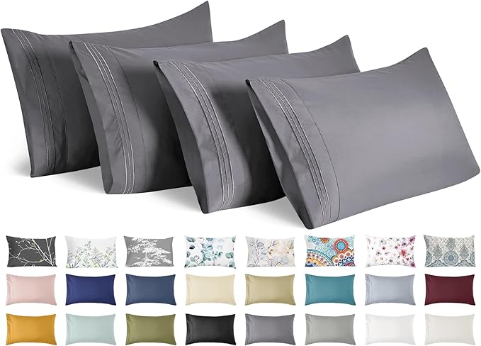 YIYEA Pillow Cases Queen Size Set of 4, Ultra Soft 1800TC Hotel Quality Double Brushed Microfiber Embroidered Pillowcases, Envelope Closure, Fade Resistant (20"x30", Medium Grey)