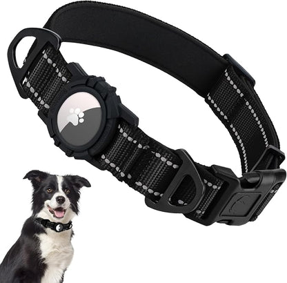 Taglory AirTag Dog Collar with Waterproof Holder for Medium Dogs, Black, M | Reflective for Night Walks & Low-Light Safety, Track Your Pup Peace of Mind, Adjustable Soft Padded, No More Dangling Tags