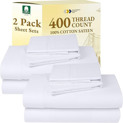 California Design Den 2-Pack Cal King Bedsheet Set - 400 Thread Count Sateen 100% Cotton Sheets - Soft and Breathable Sheets, 2 Sets of Deep Pocket Bed Sheets - White