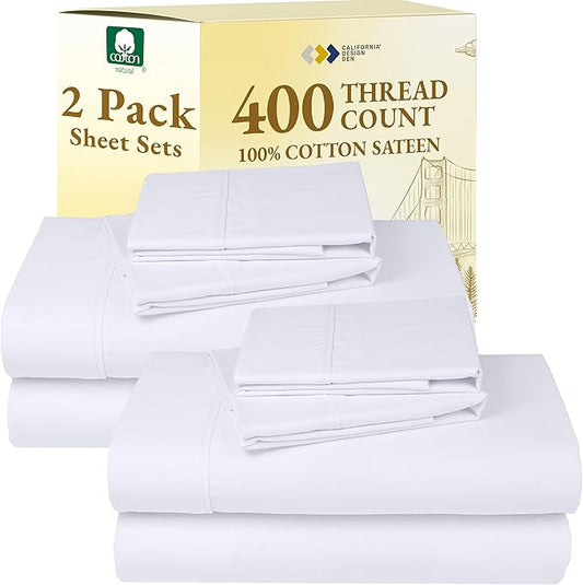California Design Den 2-Pack Cal King Bedsheet Set - 400 Thread Count Sateen 100% Cotton Sheets - Soft and Breathable Sheets, 2 Sets of Deep Pocket Bed Sheets - White