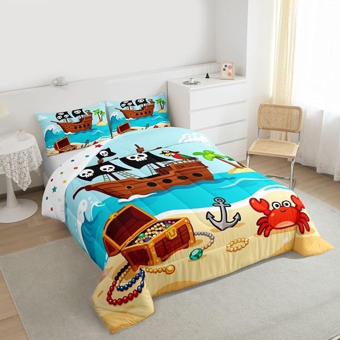 Cartoon Pirate Ship Comforter Set,Cartoon Parrot Crab Coastal Creature Bedding Sets for Kids Teens Adults,Nautical Sailing Ocean Theme Comforter Duvet Set with 1 Pillowcase Twin Size 2 Pcs