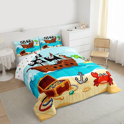 Cartoon Pirate Ship Comforter Set,Cartoon Parrot Crab Coastal Creature Bedding Sets for Kids Teens Adults,Nautical Sailing Ocean Theme Quilted Comforter with 1 Pillowcase Toddler Size 2 Pcs