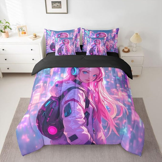 Erosebridal Anime Girl Queen Comforter Set 7 Piece Japanese Style 3D Anime Bedding Set for Kids Girls Boys Room Decor,Sci Fi Style Gaming Bed in A Bag Hot Pink Colorful Bed Bed Set