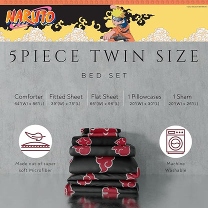 Collectibles Naruto Anime Akatsuki Bedding 5 Piece Super Soft Reversible Comforter and Sheet Set with Sham, Twin, (Officially Licensed Product) By Franco