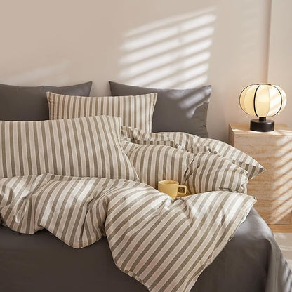 Grey Striped King Size Comforter Set Down Alternative Cozy Bedding Set Fluffy Washed Cotton All Season Boho Bedding Comforter Sets Washable Soft Vintage Cute Bed Comforter with 2 Pillowcases