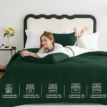 CozyLux King Size Comforter Set Emerald Green, 3 Pieces Solid Comforters King Size Breathable Bedding Sets, Luxury Soft Lightweight Bed Set with Down Alternative Comforter and 2 Pillowcases All Season