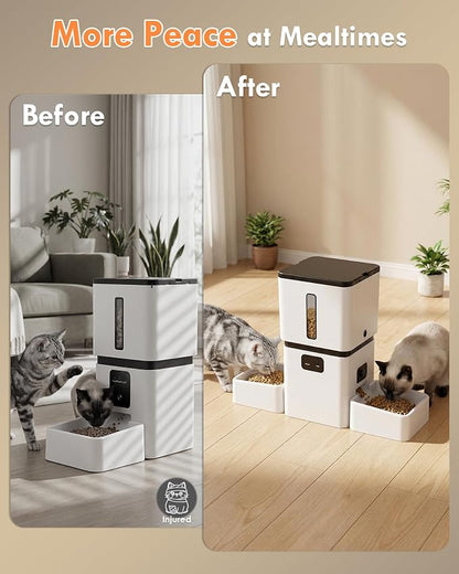 Yakry Automatic Cat Feeder for 2 Cats with Dual Bowls & Two HD Cameras | Easy Setup 5GHz Stable WiFi APP Control Cat Food Dispenser with IR Night Vision - 8L Pet Feeder for Multi-Cat & Small Dogs