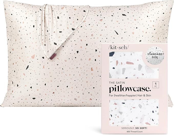 Kitsch Satin Pillowcase with Zipper for Hair & Skin - Softer Than Silk Pillow Cases, Smooth Cooling Satin Pillow Case, Wrinkle-Free, Machine Washable, Pillow Cases Standard Size 19x26,White Terrazzo