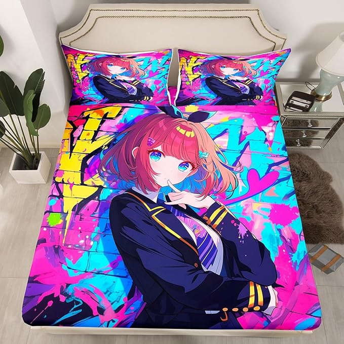 Erosebridal Girls Japanese Anime Bedding Set Queen, Kawaii Anime Girl Fitted Sheet Cartoon Girl Bed Sheets for Kids Teens Adult, Japanese Animation Sci Fi Style Sheets, 2 Pillow Cases