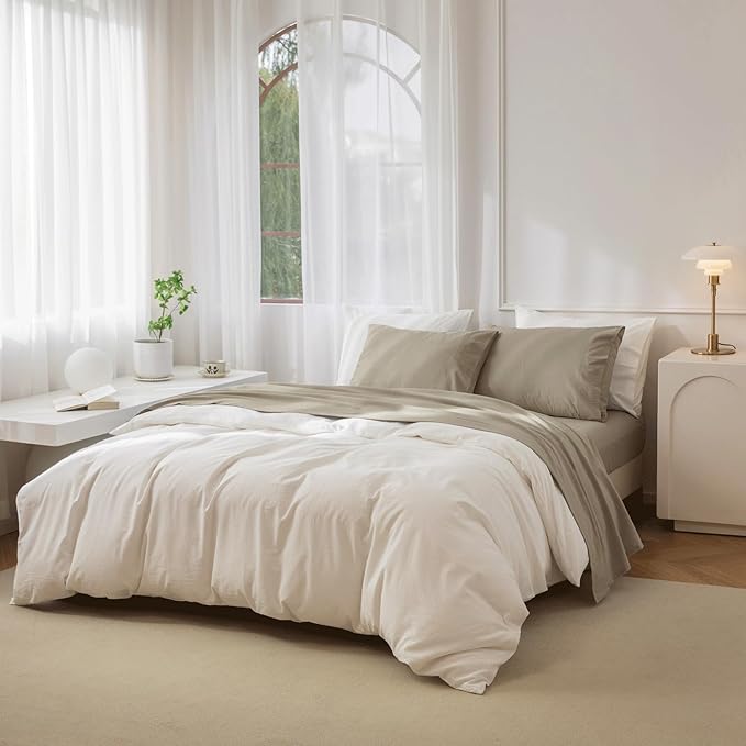 JIYUAN Queen Size Sheet Set, 4-Piece - 100% Washed Cotton, Linen-Like Soft & Breathable, Includes Deep Pocket Fitted & Flat Sheet with 2 Pillowcases, Hotel Quality, Solid Khaki