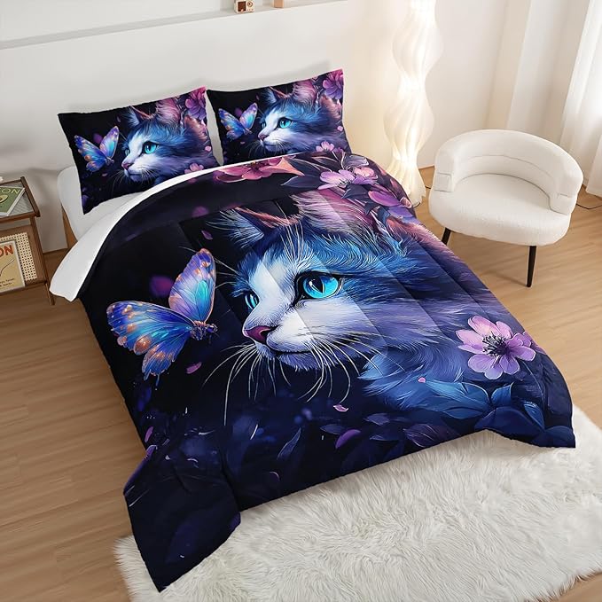 Kids Cat Comforter Set Full Size,Fantasy Cats Butterfly Flowers Bedding Set for Kids Girls Kawaii Room Decor,Cute Little Animal Themed Toddler Bedding Set with 2 Pillowcases.