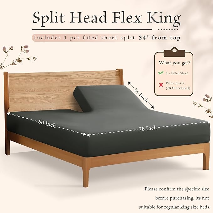 SiinvdaBZX Split Top King Fitted Sheet Only for Adjustable Bed, Ultra-Soft Microfiber 34 Inch Top Split Head Sheets Half Split King Bottom Sheet, Fits 14" -16" Deep Pocket, Charcoal Black