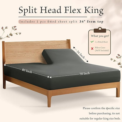 SiinvdaBZX Split Top King Fitted Sheet Only for Adjustable Bed, Ultra-Soft Microfiber 34 Inch Top Split Head Sheets Half Split King Bottom Sheet, Fits 14" -16" Deep Pocket, Charcoal Black