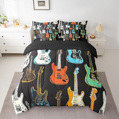 Castle Fairy Sketch Guitar Bass Comforter Set,Musical Instrument 7 Piece Bed Set Full Size for Kids,Modern Music Lover Bed in a Bag Bedding Set with Comforter,Sheet Set,Pillowcases,Pillow Covers