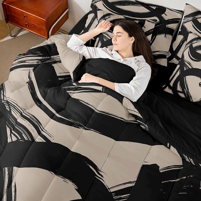Erosebridal Black Beige Abstract 7 Piece Comforter Set Twin Bed in A Bag Modern Graffiti Minimalist Line Bedding Set Simple Cool Unique Geometric Sketch Sheet Set Ink Painting Aesthetic Quilt