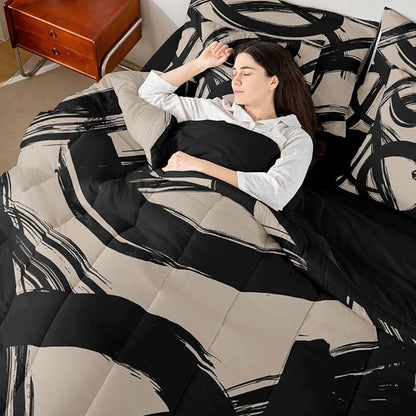 Erosebridal Black Beige Abstract 7 Piece Comforter Set Twin Bed in A Bag Modern Graffiti Minimalist Line Bedding Set Simple Cool Unique Geometric Sketch Sheet Set Ink Painting Aesthetic Quilt