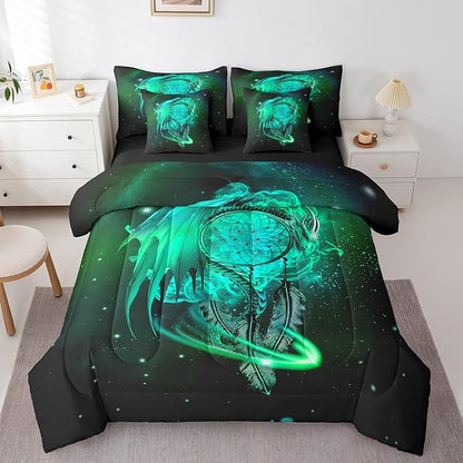 Erosebridal Gothic Dragon Dream Catchers Comforter Set 7 Piece Bed in a Bag Twin,Light Green Galaxy Bohemian Feather Bedding Sets Antique Animal Pterosaur Sheet Set with Comforter
