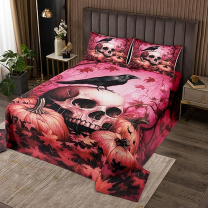 Happy Halloween Kid Bedspread Twin Size,Human Skeleton Skull Crow Maple Leaves Coverlet Set,Boys Girls Room Decor,Thanksgiving Day Pumpkin Quilted Coverlet,Gothic Pink Bedding Quilt,1 Pillowcase
