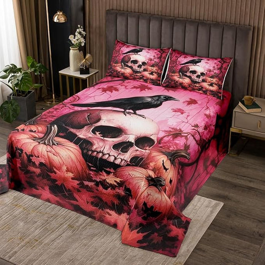 Happy Halloween Kid Bedspread Queen Size,Human Skeleton Skull Crow Maple Leaves Coverlet Set,Boys Girls Room Decor,Thanksgiving Day Pumpkin Quilted Coverlet,Gothic Pink Bedding Quilt,2 Pillowcases