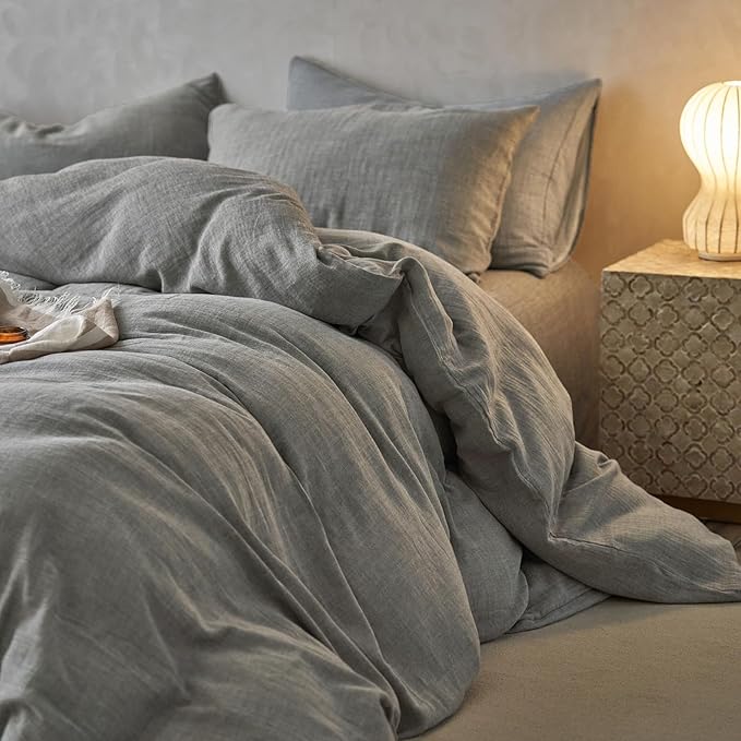 EAVD Dark Grey Duvet Cover Full Soft Breathable 100% Muslin Cotton Gauze Bedding Set with 2 Pillowcases Modern Simple Solid Dark Grey Bedding Set with Zipper Closure