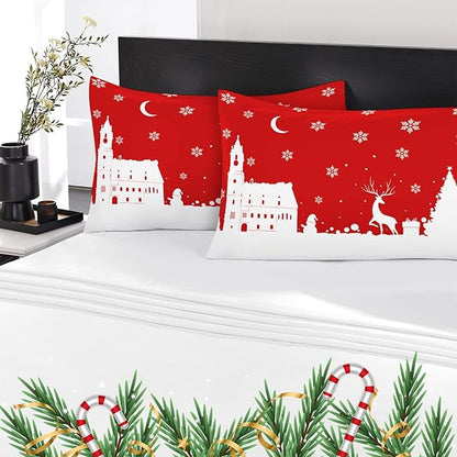 YIYEA Christmas Pillow Cases Standard Size Set of 4, Ultra Soft Double Brushed Microfiber Red Pillowcases and Christmas Pillow Covers, Envelope Closure, Fade Resistant (20"x26")