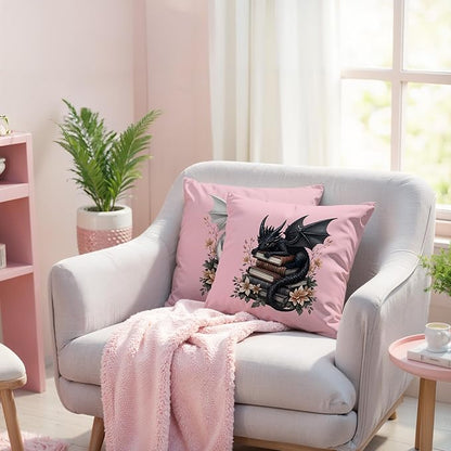 Vintage Magical Black White Dragon Reading Book Decor Throw Pillow Covers 18x18 Set of 2, Fantasy Room Decor for Kids, Gamers, and Bookworms,Reading Nook Decor, Gifts for Bookworm Readers(Pink)