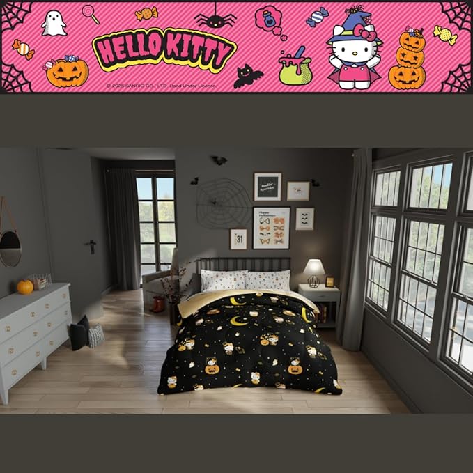 Sanrio Hello Kitty Halloween Pumpkin Twin Bed Set – Super Soft & Cozy 4 Piece Reversible Comforter and Sheet Set (Officially Licensed Product) by Franco