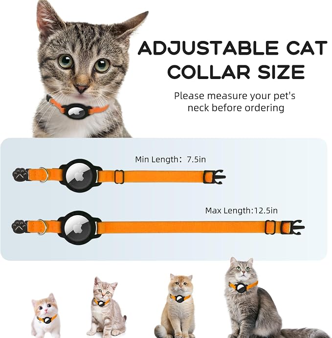 AirTag Cat Collars, Stretchy Collar with AirTag Holder and Bell | Breakaway - Ultra Design Elastic - GPS Tracking Collars - Adjustable Size for Cats & Puppies 7.5-12.5" - (Orange)