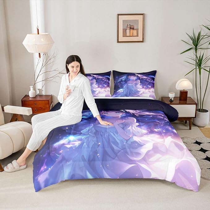Erosebridal Anime Girls Bedding Anime Gifts Comforter Set for Kids Purple 3D Galaxy Printing Bedding Sets, Cartoon Long Curly Hair Girly Printed Comforter Kids Kawaii Japanese Girl Bed Set, King