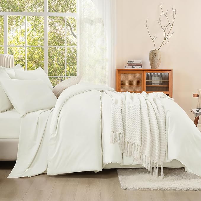 Litanika Full Size Comforter Set Ivory - 7 Pieces Bed in a Bag Full Bedding Comforter Sets, Solid Lightweight Bed Set with Comforter, Sheets, Pillowcases & Shams
