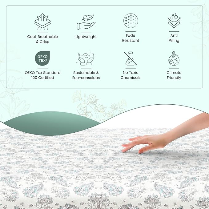 Feather & Stitch Softest 100% Cotton Sheets, 300 Thread Count Percale Weave Bedding, 16" Deep Pocket, Cooling Sheets, Breathable Bed Set, Hotel Premium Quality (King, Beige Paisley)