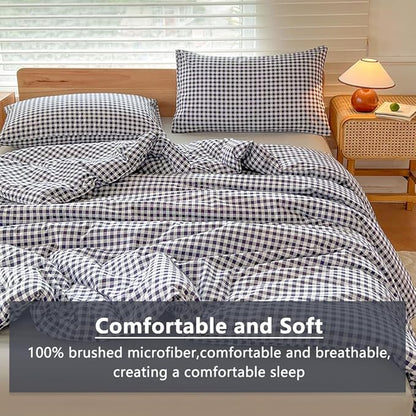 NSNLGSGC Queen Comforter Set, Navy Gingham Bedding Comforter Sets, Blue Grid Bed Comforter 3 Pieces (1 Comforter, 2 Pillowcases)