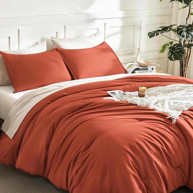 Litanika Oversized King Comforters Burnt Orange Super King Plus Size, 3 Pieces Lightweight Solid Bedding Comforter Set, All Season Fluffy Bed Set (128x120In Comforter & 2 Pillowcases)